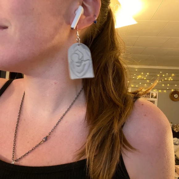 Handmade Clay Earrings | Large Arch | Grey Motherhood Style| Hook Backs - Picture 4 of 4